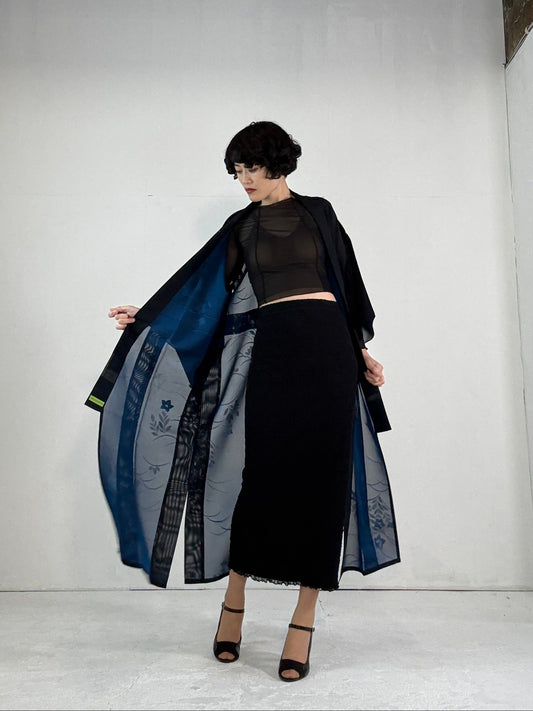 SHEER kimono dress gown and string belt upcycled from Japanese kimono "blue, kikyo"