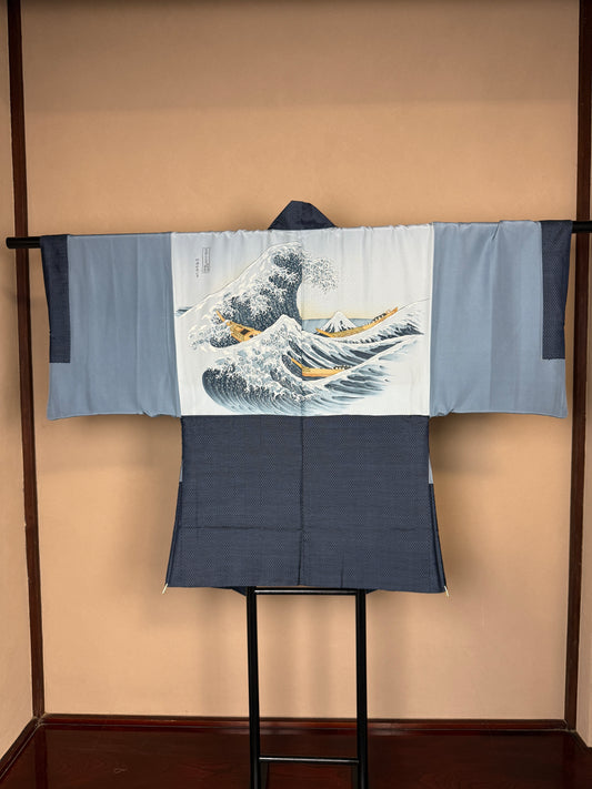 VINTAGE KAWAII HAORI oversized "oshima, blue, kanagawaokinamiura, 014" *damage *Partially Hidden Back Painting