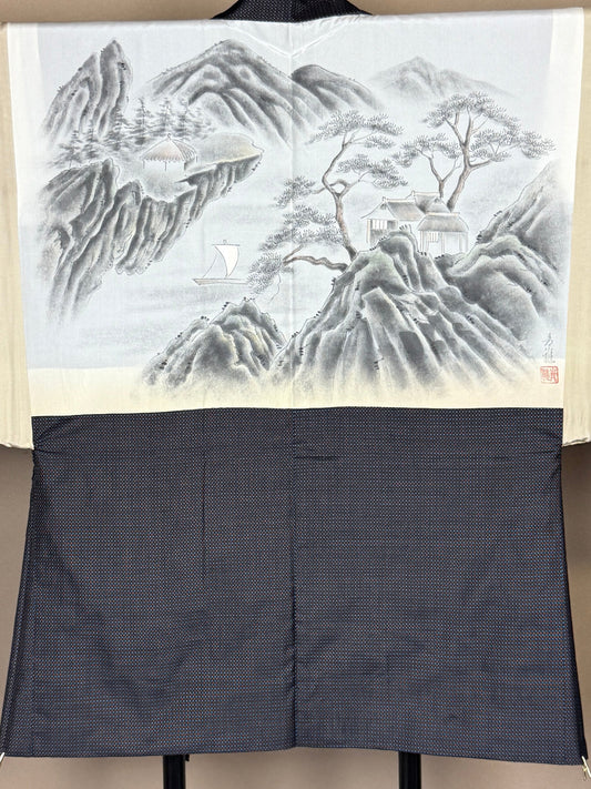 VINTAGE KAWAII HAORI oversized "oshima, brown-blue, mountain-house, 008"