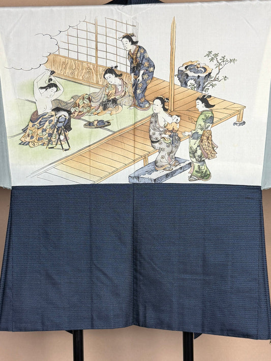 VINTAGE KAWAII HAORI oversized "oshima, blue, jyoseitachi, 016" *damage