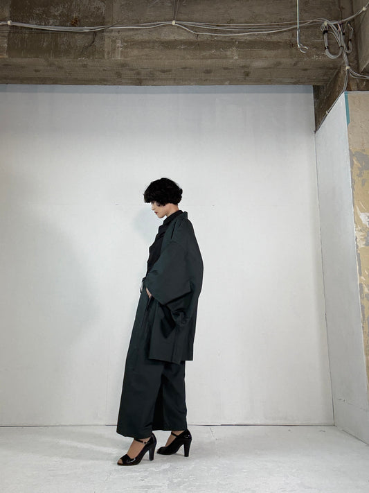 Oshima Tsumugi HAORI and KIMONO elastic waist pants(large size) upcycled from Japanese kimono(Unisex)"Green" Version1