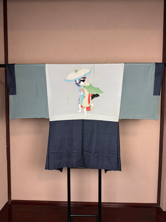 VINTAGE KAWAII HAORI oversized "oshima, blue, bijinga, 020" shoshi-ari