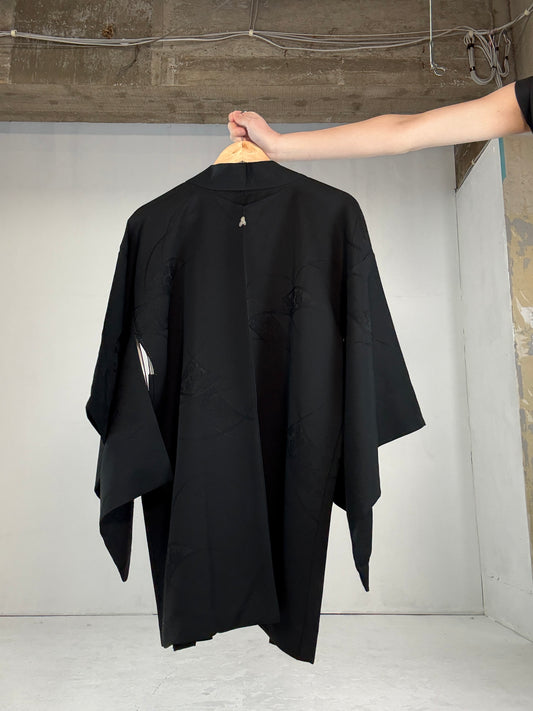 VINTAGE BLACK HAORI "ground pattern,flowers of the four seasons"