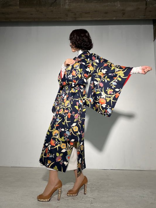 Komon Kimono Dress Gown with String Belt – Upcycled from Vintage Japanese Kimono "kinkoma,blue, DRE046"