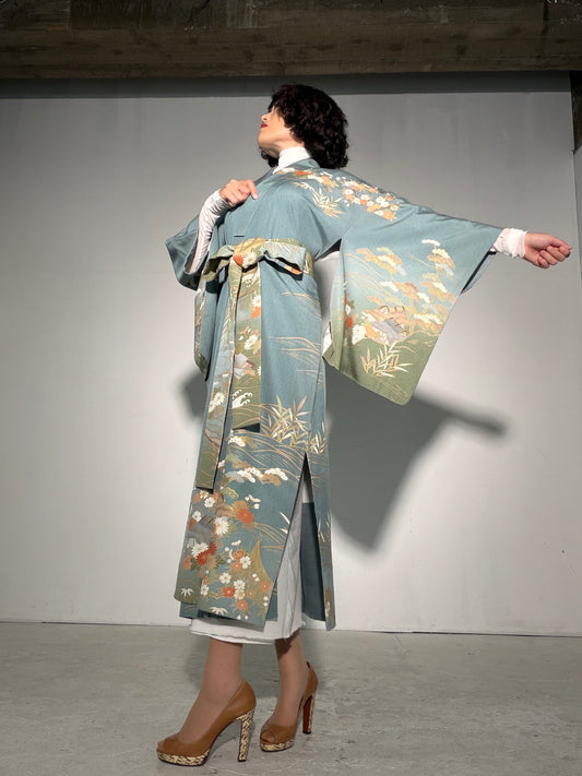 Houmongi Kimono Dress Gown with String Belt – Upcycled from Vintage Japanese Kimono "kinkoma,blue, DRE045"