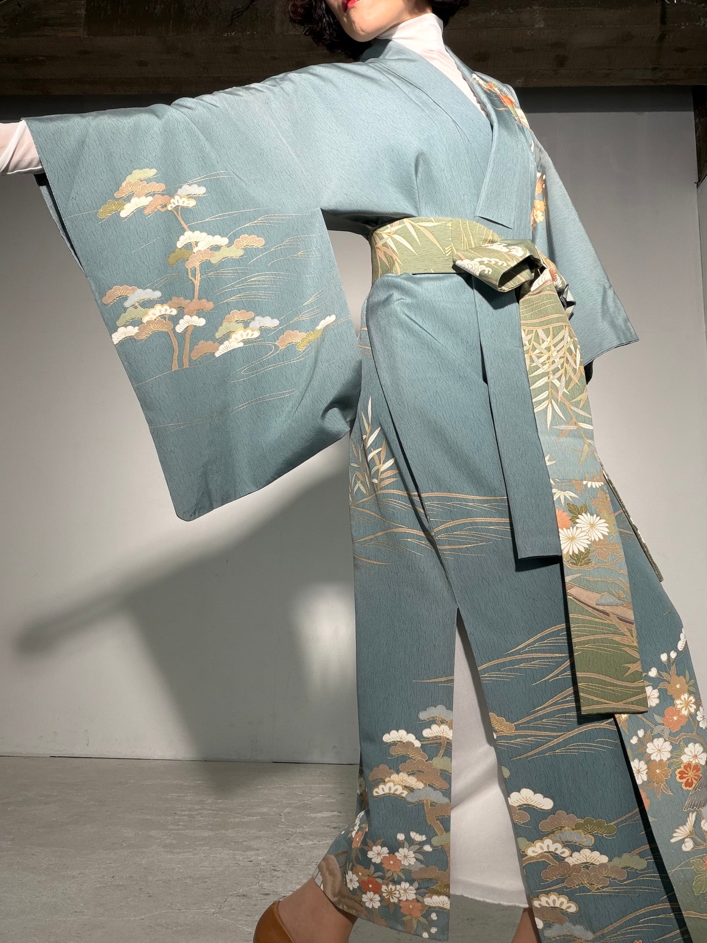 Houmongi Kimono Dress Gown with String Belt – Upcycled from Vintage Japanese Kimono "kinkoma,blue, DRE045"