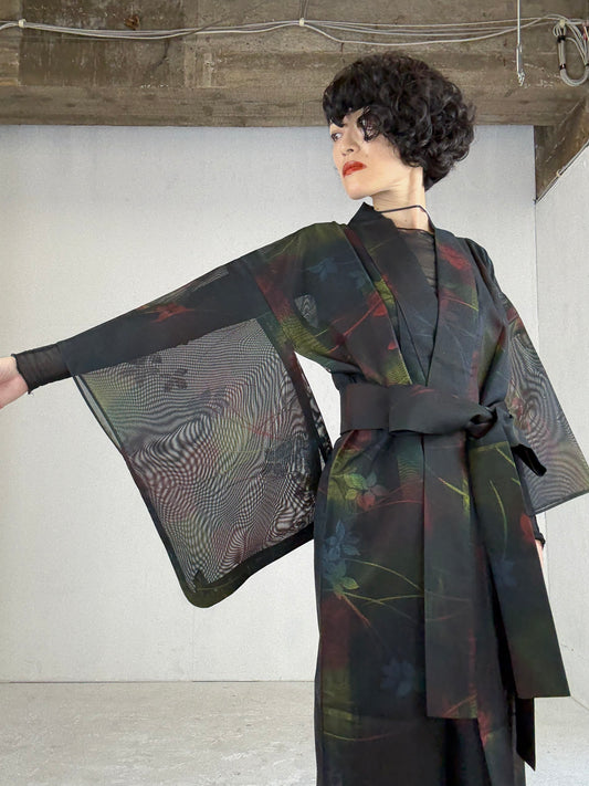 SHEER Kimono Dress Gown with String Belt – Upcycled from Japanese Kimono "Beautiful Blended Colors"
