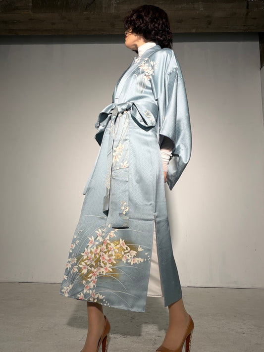 Houmongi Kimono Dress Gown with String Belt – Upcycled from Vintage Japanese Kimono "sayagata, DRE044"