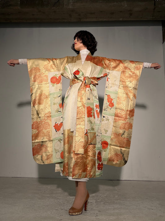 Furisode Kimono Dress Gown with String Belt – Upcycled from Vintage Japanese Kimono "gold, DRE_order" *damage
