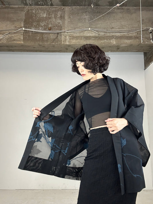 VINTAGE BLACK HAORI SHEER “blue leaf"