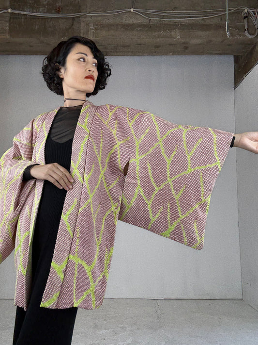 VINTAGE SHIBORI HAORI "pink, yellow"