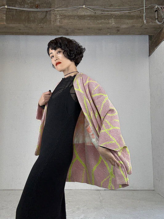 VINTAGE SHIBORI HAORI "pink, yellow, SIB114"