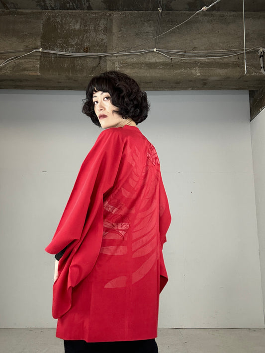 VINTAGE KAWAII HAORI SHEER “MICHIYUKI, red, kiku” *damage