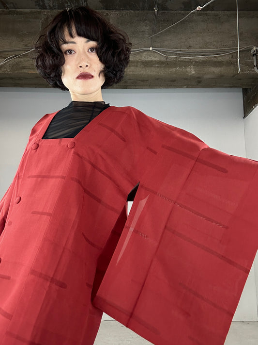 VINTAGE KAWAII HAORI SHEER “MICHIYUKI, shu, dark red, SHH020” *damage
