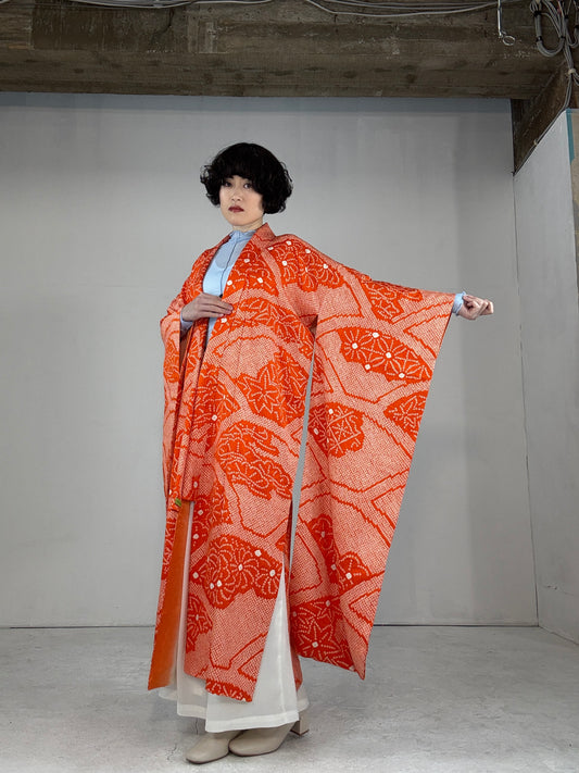 Furisode Kimono dress gown and string belt upcycled from Japanese kimono "shu, ougi flower"