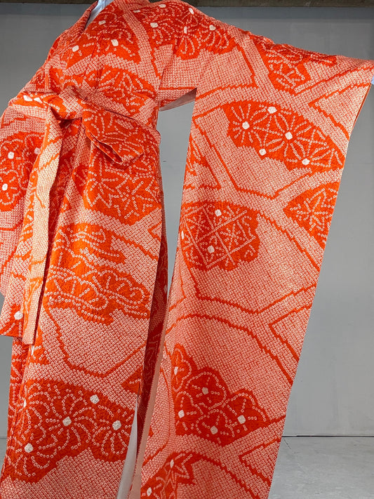 Furisode Kimono dress gown and string belt upcycled from Japanese kimono "shu, ougi flower"