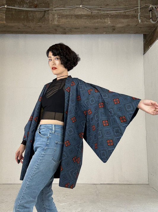 VINTAGE KAWAII HAORI "tsumugi, red blue"