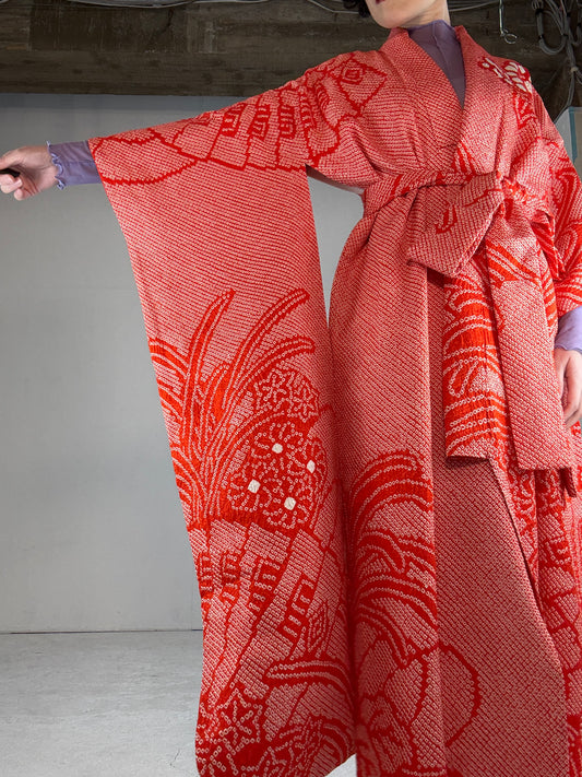 Furisode Kimono dress gown and string belt upcycled from Japanese kimono "aka, shibori"