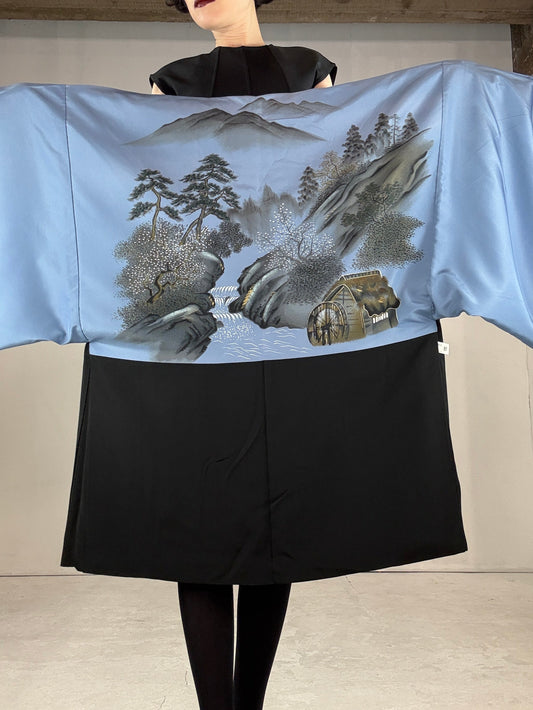 VINTAGE KUROMONTSUKI HAORI "blue, keshiki"