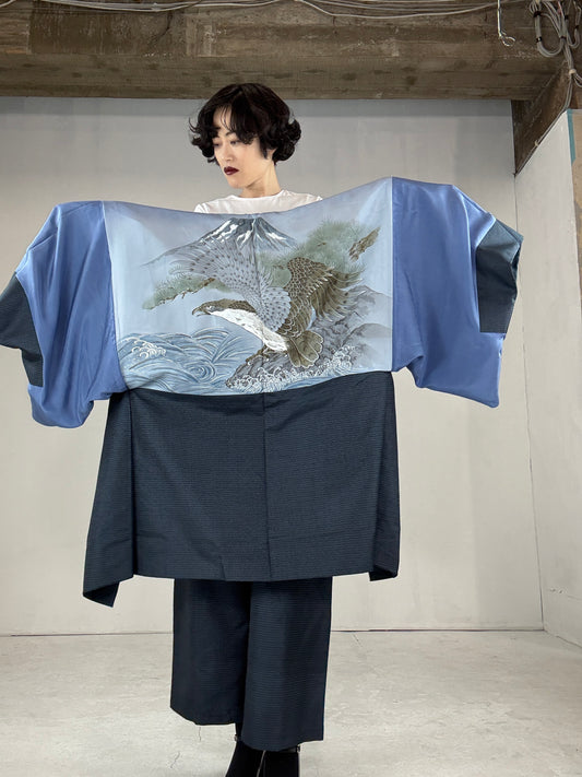 Oshima Tsumugi HAORI and KIMONO elastic waist pants(large size) upcycled from Japanese kimono(Unisex)"TAKA" Version1