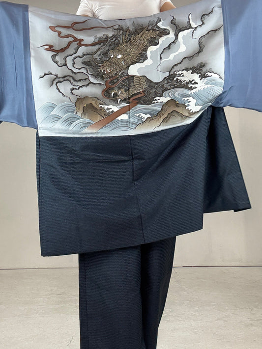 Oshima Tsumugi HAORI and KIMONO elastic waist pants upcycled from Japanese kimono"japanese dragon"version 2
