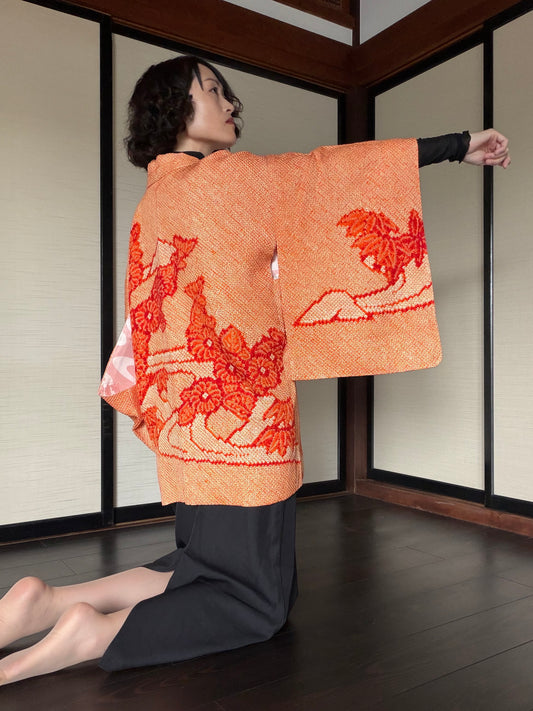 VINTAGE SHIBORI HAORI "orange, SIB132"