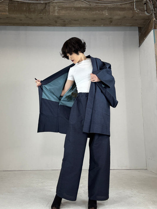 Oshima Tsumugi HAORI and KIMONO elastic waist pants upcycled from Japanese kimono"keshiki, blue, ASB001"version 2