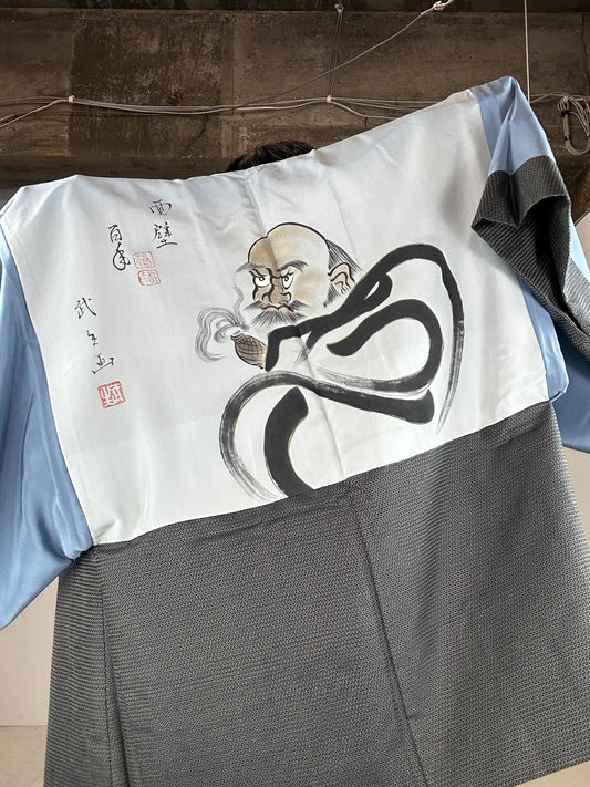 Oshima Tsumugi HAORI and KIMONO elastic waist pants(large size) upcycled from Japanese kimono(Unisex)"DARUMA"