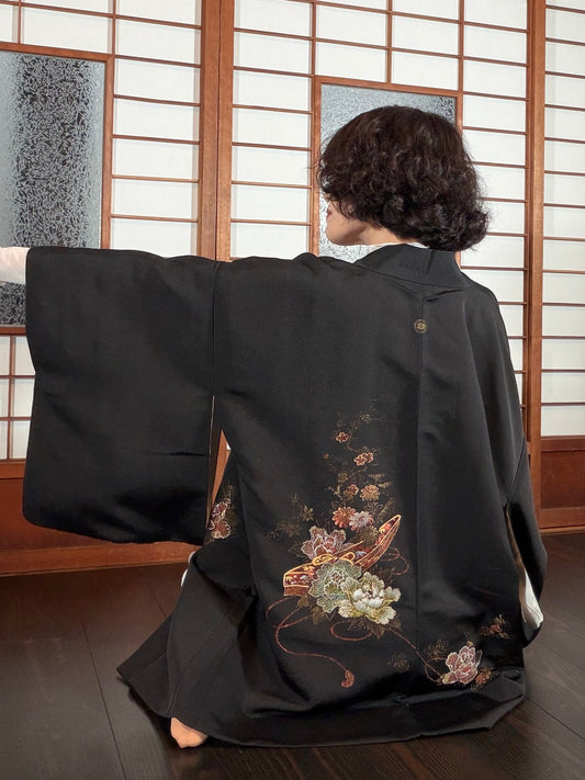 VINTAGE BLACK HAORI "glitter, flower-gold, BLK200"
