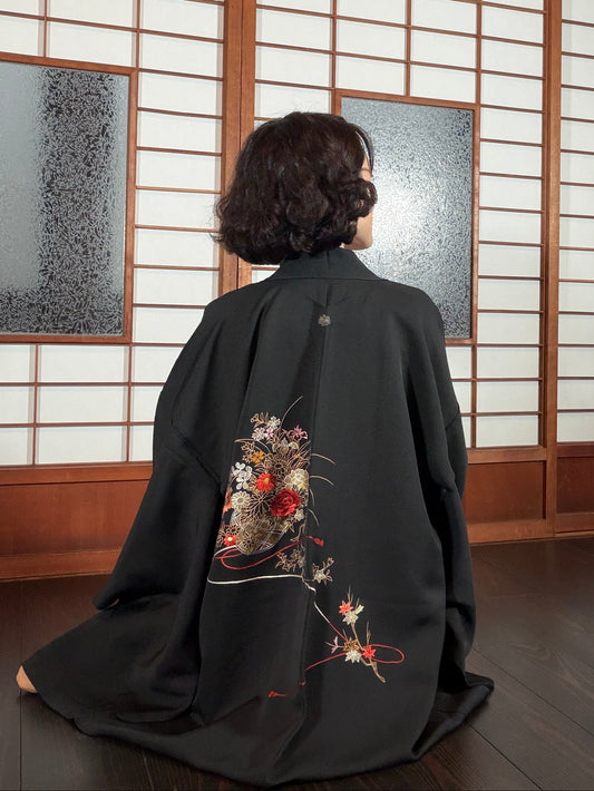 VINTAGE BLACK HAORI "inside-flower, gold, BLK201"
