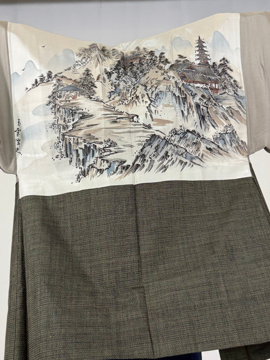 VINTAGE KAWAII HAORI oversized " Oshima Tsumugi Haori, midori, Long" *damage