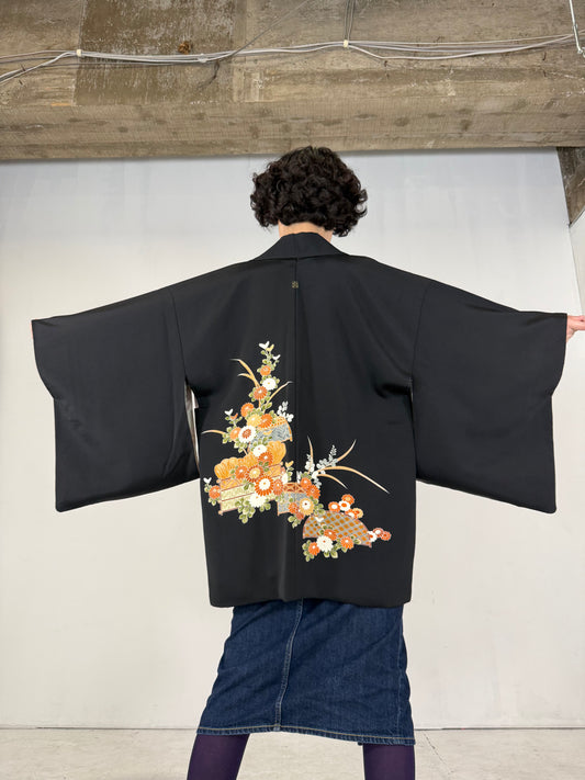 VINTAGE BLACK HAORI "flower, paint"