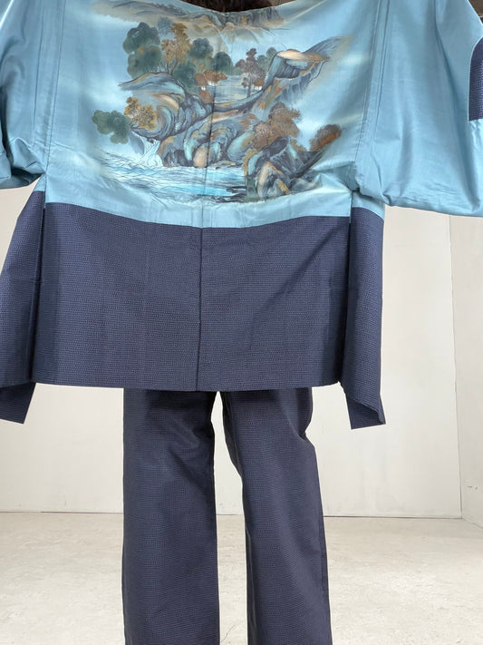 Oshima Tsumugi HAORI and KIMONO elastic waist pants upcycled from Japanese kimono"keshiki, blue, ASB001"version 2