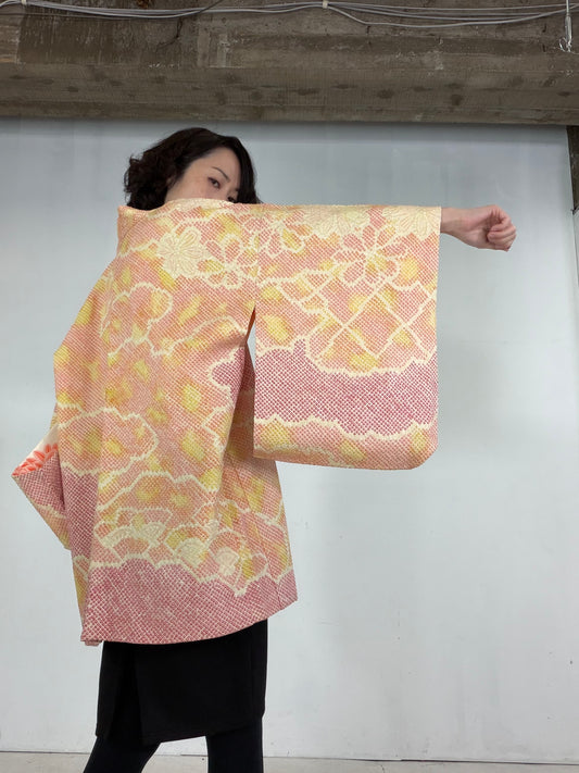 VINTAGE SHIBORI HAORI "yellow_pink, SIB144" *damage