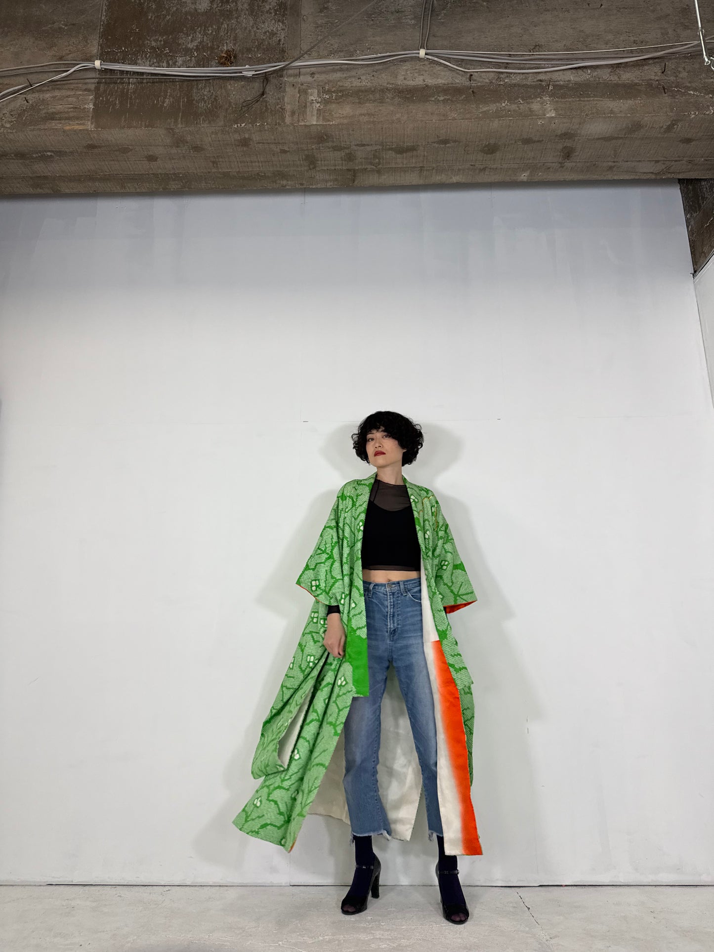 Furisode Kimono dress gown and string belt upcycled from Japanese kimono "midori, shibori, hana"