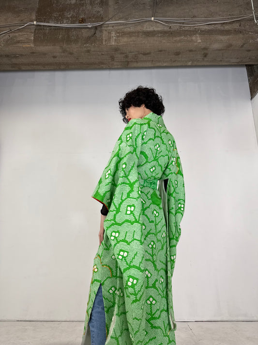 Furisode Kimono dress gown and string belt upcycled from Japanese kimono "midori, shibori, hana"