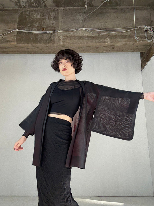 VINTAGE BLACK HAORI SHEER “red, sougara"