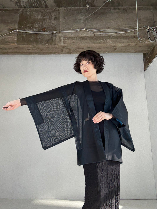 VINTAGE BLACK HAORI SHEER “blue"