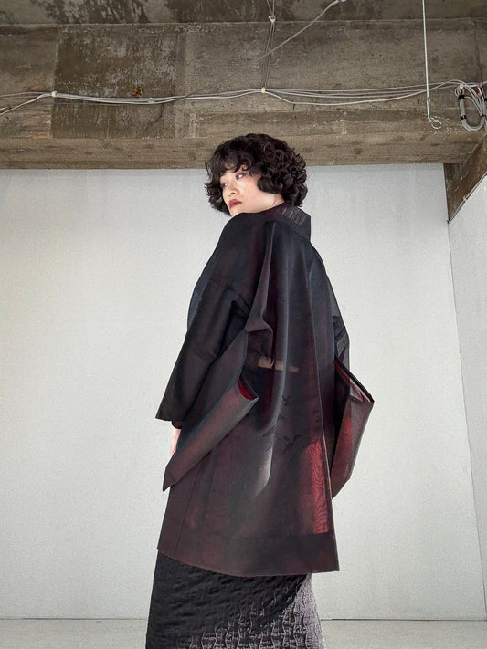 VINTAGE BLACK HAORI SHEER “red, embroidery, leaf"