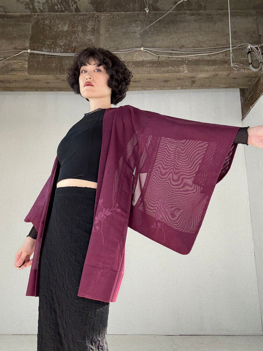VINTAGE BLACK HAORI SHEER “murasaki, kikyo"