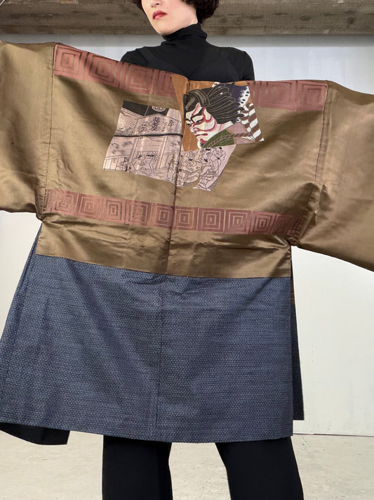 VINTAGE KAWAII HAORI oversized "Rare Gold-Woven, Kabuki, OSI209"