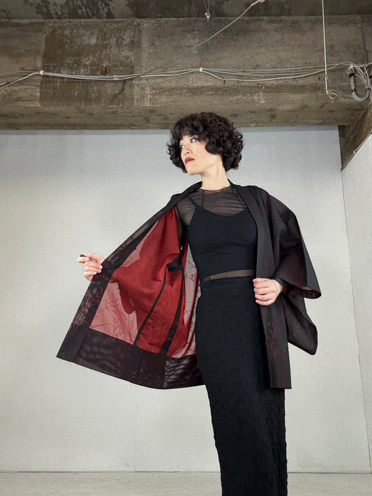 VINTAGE BLACK HAORI SHEER “red, aki"