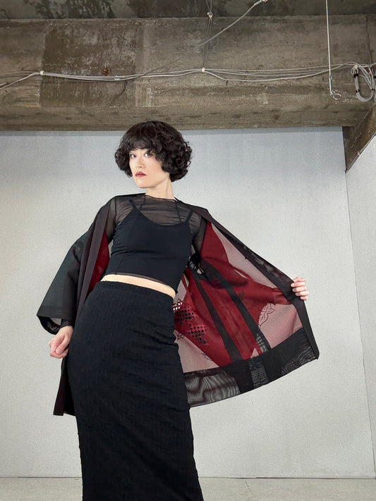 VINTAGE BLACK HAORI SHEER “red, embroidery, kaede"