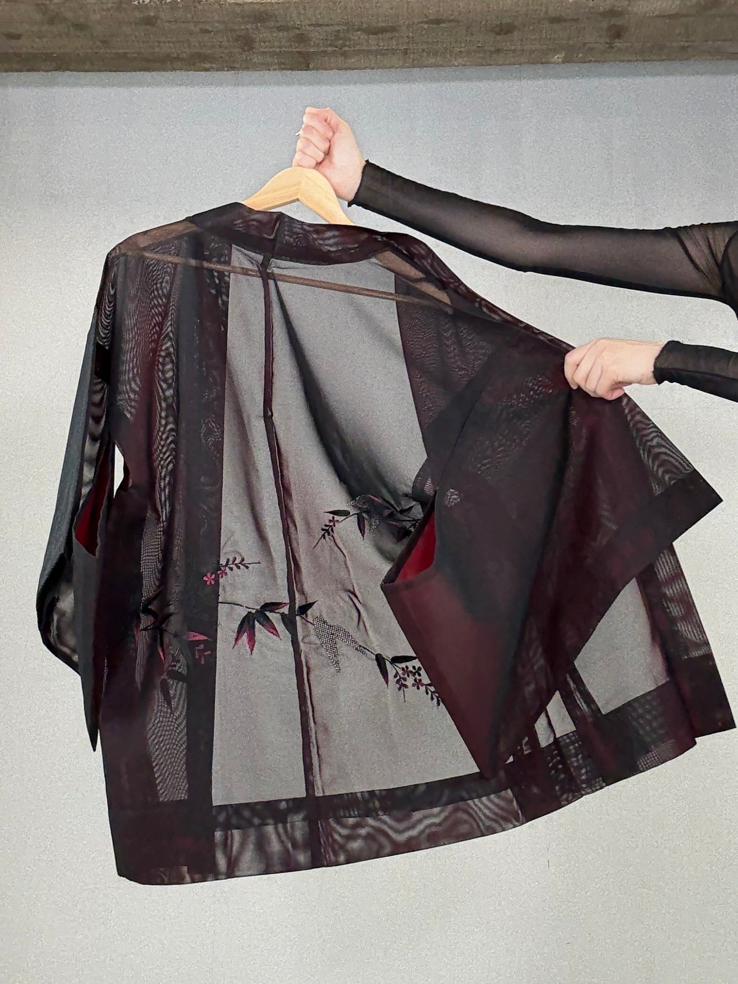 VINTAGE BLACK HAORI SHEER “momiji, flower, embroidery"