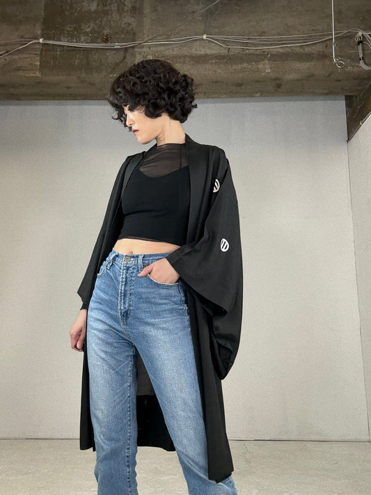 BLACK HAORI SHEER "men's Montsuki, Maruni-futatu-hiki"