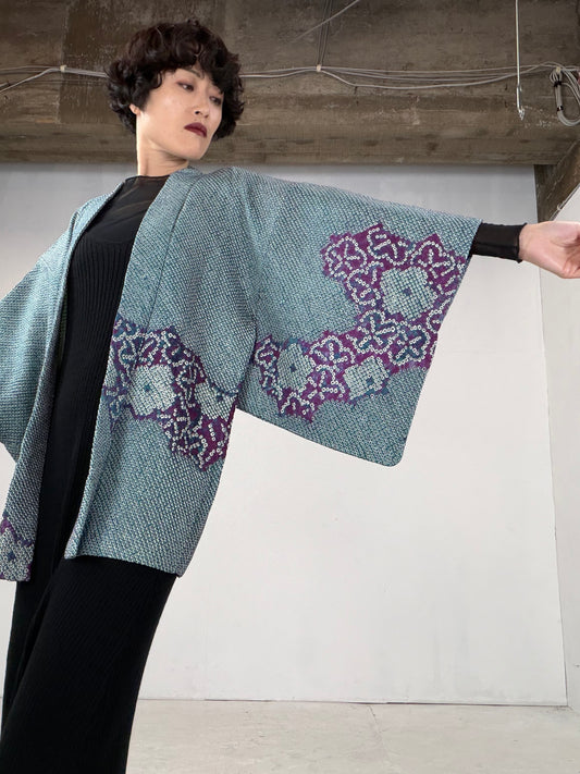 VINTAGE SHIBORI HAORI "green-purple" *damage