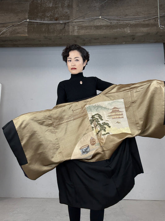 VINTAGE KUROMONTSUKI HAORI "donsu" *damage repair