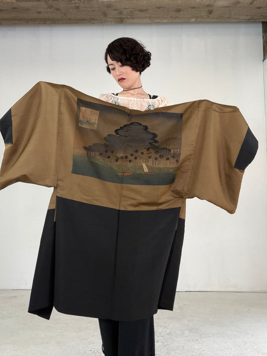 VINTAGE KUROMONTSUKI HAORI "cherry blossoms, maruni-kenkatabami, KUR121" *hari-mon