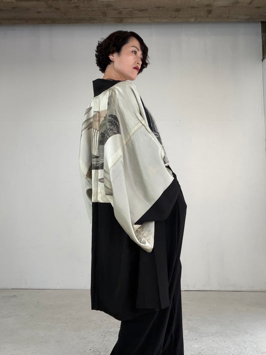 VINTAGE KUROMONTSUKI HAORI "fune, KUR115" *high-damage *hari-mon