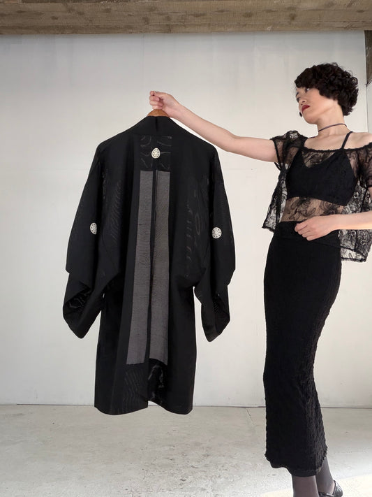 VINTAGE BLACK HAORI SHEER “ro, men's Montsuki, maruni-kuyo, SHH051"